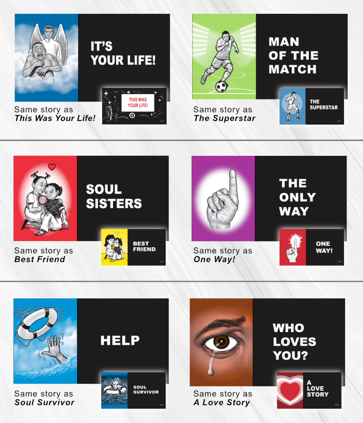 Six redrawn tract covers, each shown beside the classic Chick tract it retells